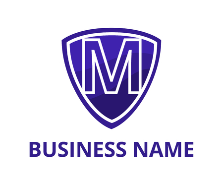 violet color simple triangle shield logo graphic design with modern clean style for protection or security company with initial type letter m on itのイラスト素材
