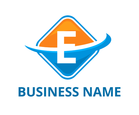 orange and blue color circular square box get slice into half logo graphic design with modern clean style for technology industry company with initial type letter e on itのイラスト素材