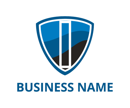 blue and black color simple triangle shield logo graphic design with modern clean style for protection or security company with initial type letter i on itのイラスト素材