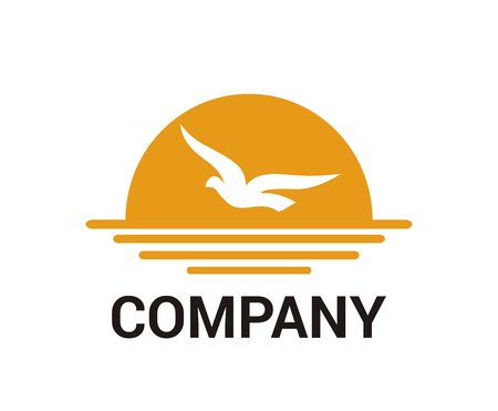 sea bird fly animal wildlife fauna wing in sky freedom bird feather logo idea design illustration concept in afternoon with orange sun flight over ocean up on seaのイラスト素材