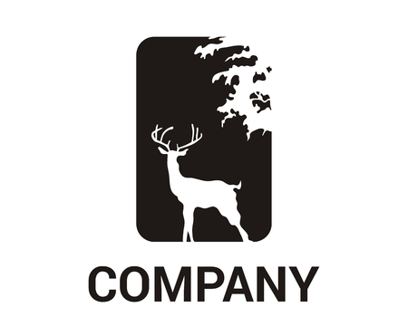 deer mammal animal wildlife in forest white silhouette under tree logo design illustrationのイラスト素材
