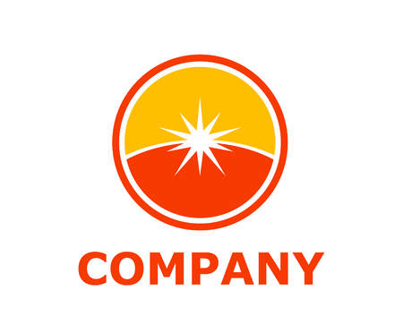 shiny star silhouette on horizon sky inside orange circle frame logo design idea illustrationのイラスト素材