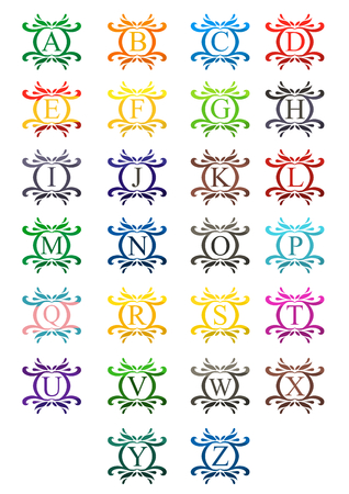 colorful color beautiful luxury classic vintage swirl or floral border logo design template with initial name of business company on it type letter alphabetのイラスト素材