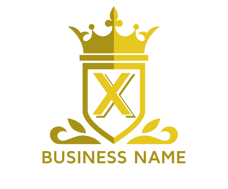 gold color beautiful simple luxury classic vintage swirl or floral shield border logo design template with initial name of business company on it type letter xのイラスト素材