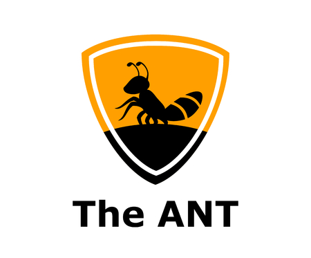 Silhouette of black ant small animal stand on land under sun logo design idea concept in shield shape as protectionのイラスト素材