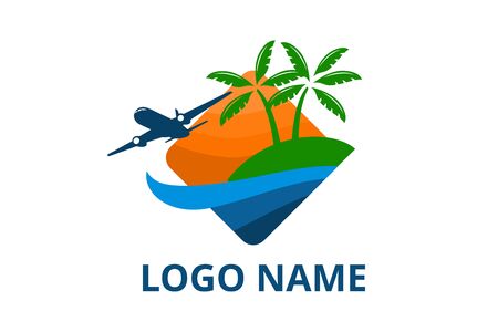 plane logo design leaving beach in tropical island concept icon for touring trip travel tourism agency. Summer holiday logo with ocean, tree.のイラスト素材