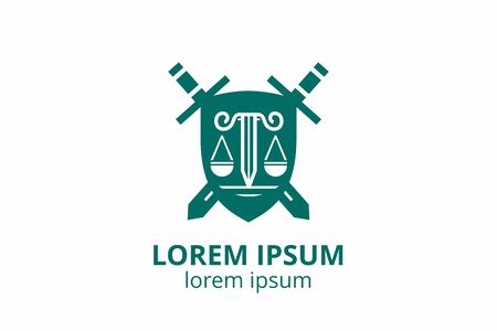 Law office logo set with scales of justice, illustrations. Act, principle, legal icon design. Vector vintage attorney, advocate labels, juridical firm badge.のイラスト素材