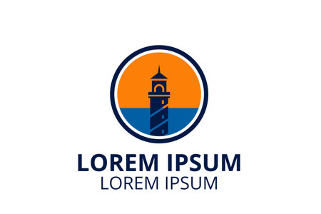 beacon logo design on beach beach in tropical island concept icon for travel agency, harbor, landmark or any business corporate.のイラスト素材