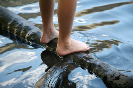 Feet of a child standing on a log in the waterの写真素材