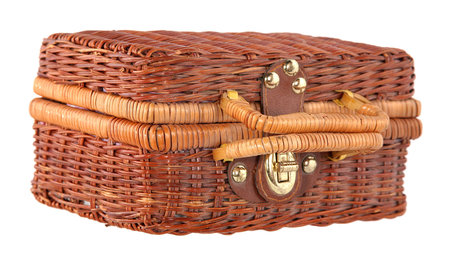 Wicker picnic basket isolated on white background