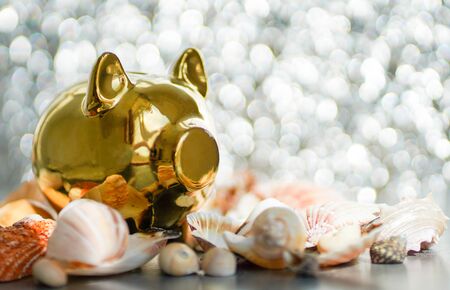golden piggy bank and seashells on a silver background. blurred focus.の写真素材