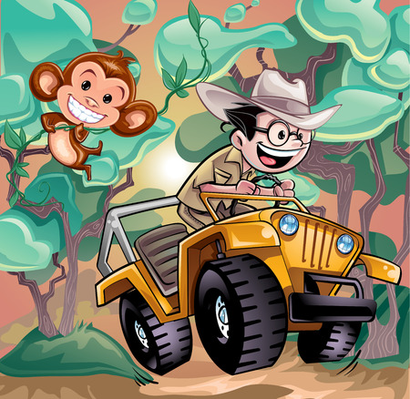 Safari Jeep Explorer and Monkeyのイラスト素材