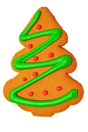 Christmas tree gingerbread cookie on white background; Christmas cookieの写真素材