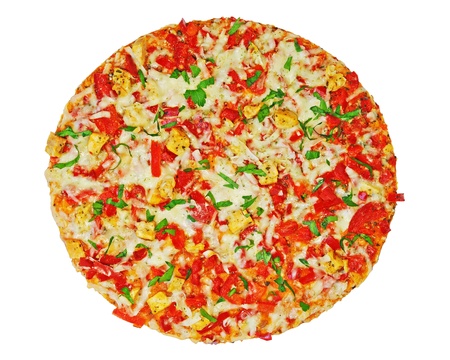 Delicious italien pizza with mozzarella, chicken meat, tomato, red pepper, parsley, isolated on white backgroundの写真素材