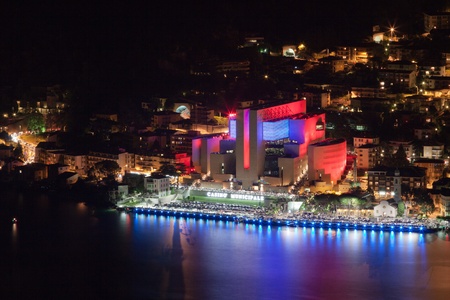 Nightly shot of Campione d'Italia with the colored Casinoのeditorial素材