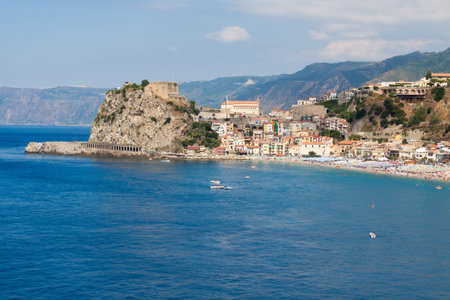 View of Scilla with blue sea and castle on the rocks