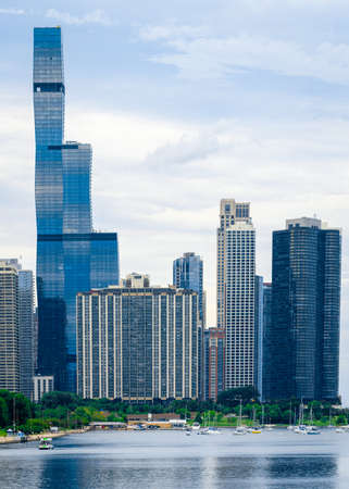 Chicago skyline with boats on Lake Michiganのeditorial素材