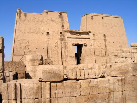 View of Edfu temple and hieroglyphsの写真素材