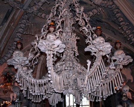 Chandelier at the Kutna Hora ossuary: a chapel made out of human bonesの写真素材