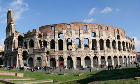 Il Colosseo also known as Flavian Amphitheatre: Rome's famous landmark. Giant stich from three photos. No recognizable faces visible.の写真素材