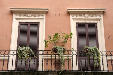 Tuscan Impressions: two ornamental doors with an orange tree growing on the balconyの写真素材