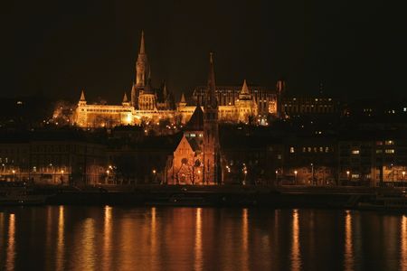 Nighttime view of Saint Matthias church (Matyas templom) in Budapestの写真素材