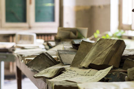 A picture of an abandoned logbook in a bedlamの写真素材