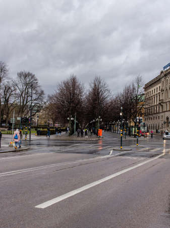 Stockholm, Sweden- February 2020: city street in wet wetherのeditorial素材