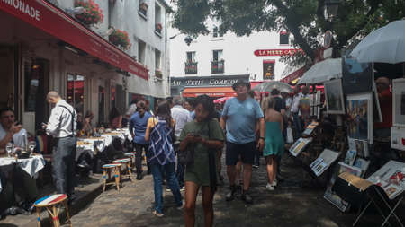 Paris, France- July 2018: city artist street, painters and drawers, creative placeのeditorial素材