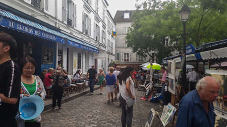 Paris, France- July 2018: city artist street, painters and drawers, creative placeのeditorial素材