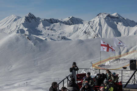 Gudauri, Georgia- February 2019: ski resort cafe with beautiful mountain viewのeditorial素材