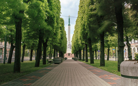 Riga, Latvia: June 1, 2020: the monument of freedom, standing women with tree stars in hands,...