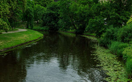 Riga city central sewerage water, park walking road, water greens and green treesの写真素材
