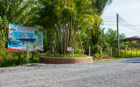 Krabi, Thailand- March 29 2019: Green palm trees left side of road, excursion information signのeditorial素材