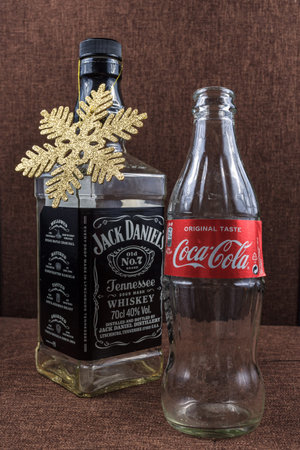 Christmas holiday concept, Jack Daniel buttle christmas tree and coca cola, perfect combination...