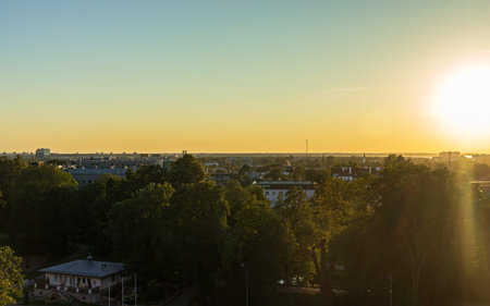Talinn, Estonia: August 19 2020: capital city roof top view from top, panoramic view at sunset time