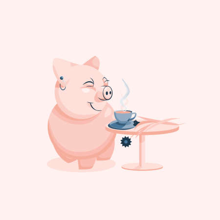 Vector illustration of a cartoon pink pig who is trapped in smelling fresh brewed coffee. A cup of coffee stands on a table.のイラスト素材
