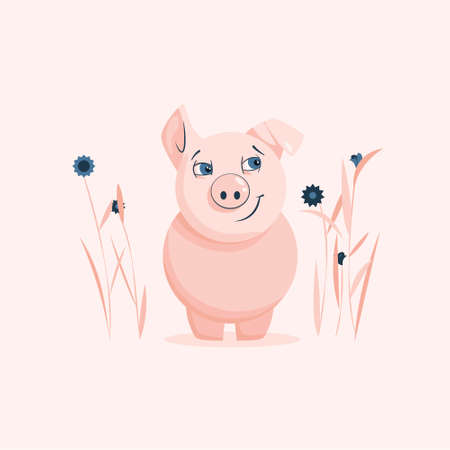 Vector illustration of a pale pink pig who is grinning at something or someone in the meadow of flowers. The character is both naughty and flirty.のイラスト素材