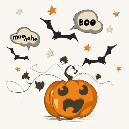 Spooky halloween card with a frightened jack-o-lantern and bats flying after it. Traditional evil laugh, boo and pumpkin.のイラスト素材