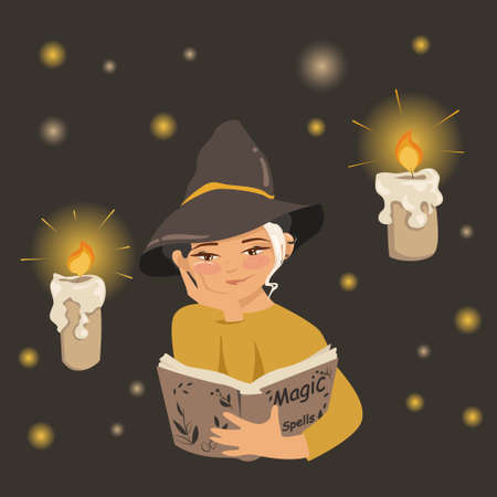 A young pretty witch is reading book on magic spells. Cozy evening is lightened by flying candles. Dark background.のイラスト素材