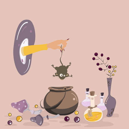 A witch drops a spooky little mouse through a portal right into a cauldron. It stands on a table next to magic stuff such as poisons, potions, berries, mushrooms. Better not to mess with a magician.のイラスト素材
