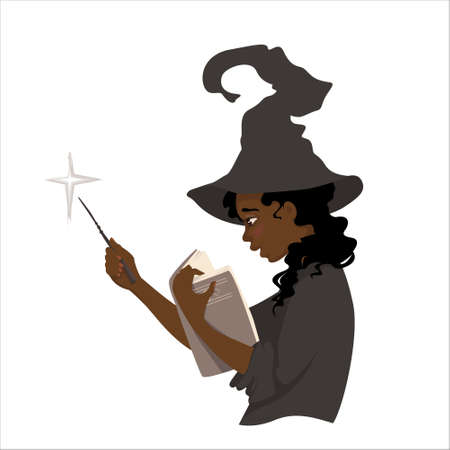 A young witch is bewildered by a book. Gorgeous girl holds the book in one hand and a magic wand in another..のイラスト素材