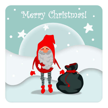 Merry Christmas card with a magical elf and a bag full of presents. Snowy landscape and the sky with snowflakes and stars as a background.のイラスト素材