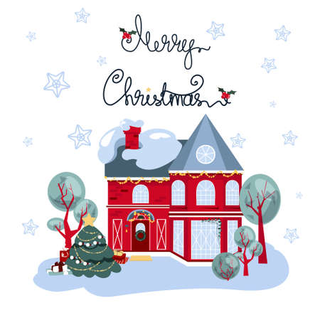 Cosy suburban house covered with snow and decorated for the winter holidays. Vector illustration on white background. Colorful Christmas card with warm family spirit.のイラスト素材