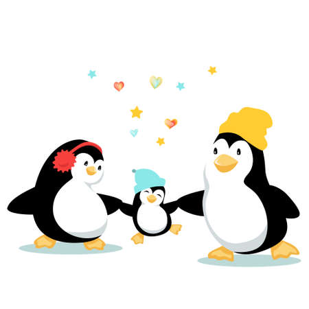 Cartoon family of penguins enjoy their time together. Mother, father and the baby penguin walk holding wings and letting the kid jump and have fun. Vector illustration isolated on white background.のイラスト素材