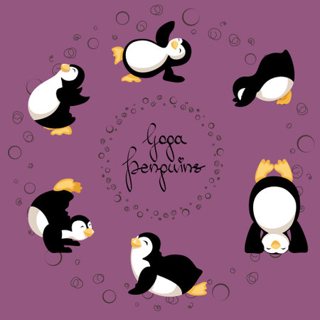 Penguins practicing yoga set. Asanas of cobra, headstand, downfacing dog, side plank, mountain and feathered peacock. Vector illustration on pink background.のイラスト素材