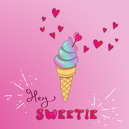 Yummy rainbow ice cream on a love card. can be used for st. Valentine day or to express ones feeling. Vector illustration on bright pink background.のイラスト素材