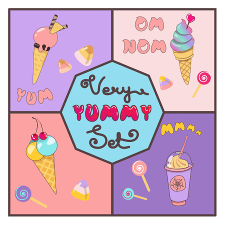 Set of yummy ice cream dessert on bright background. Artwork is organised in groups and layers. Vector illustration.のイラスト素材