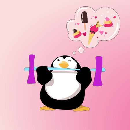 Cartoon penguin keeps on training though in his dreams he is far away from the gym. Vector illustration on bright pink background. All objects are organized in groups and layers.のイラスト素材