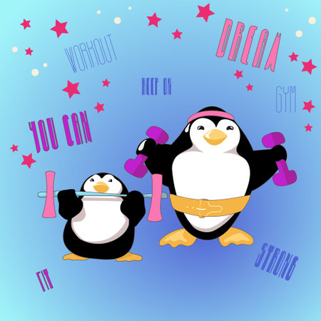 Cartoon penguins keep on training being motivated by their goals and sympathy. Vector illustration on bright background. All objects are organized in groups and layers.のイラスト素材
